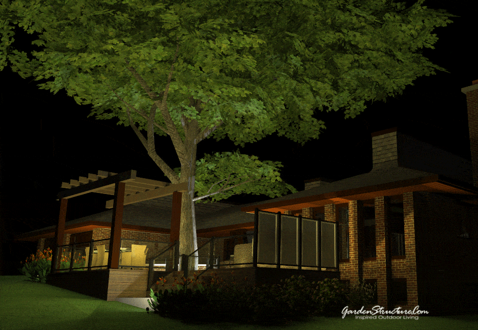 pergola deck privacy lighting design 3D photorealistic