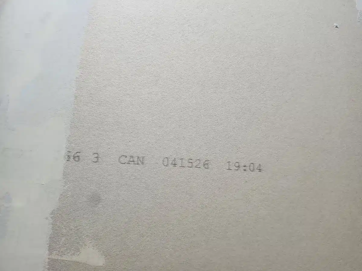CGC drywall batch number stamp printed on the back of the ultralight panel