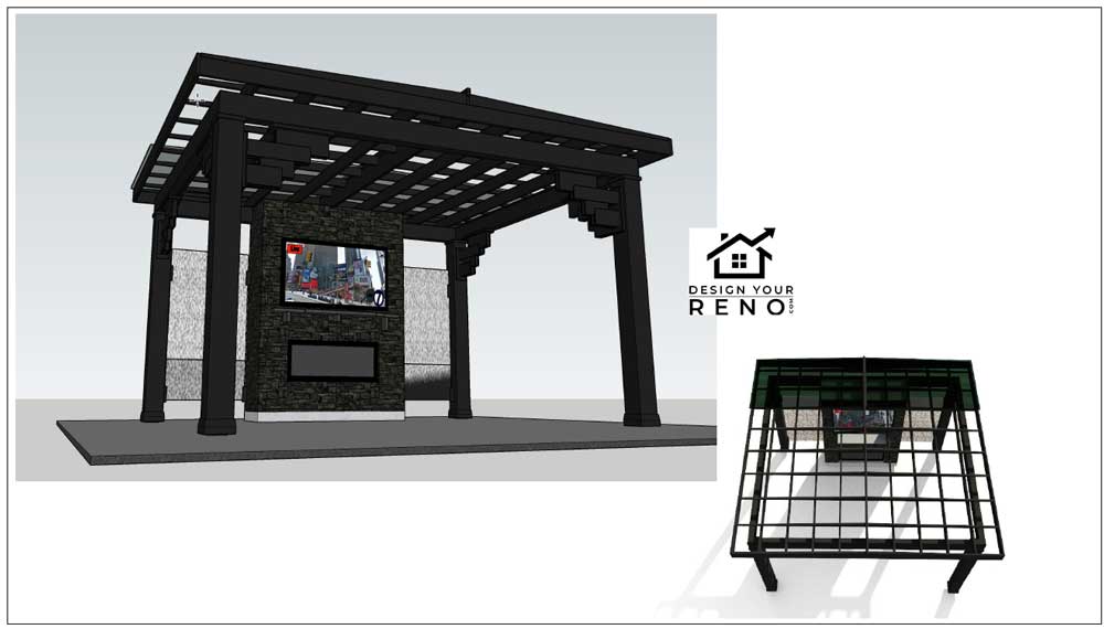A Pergola with Fireplace and TV